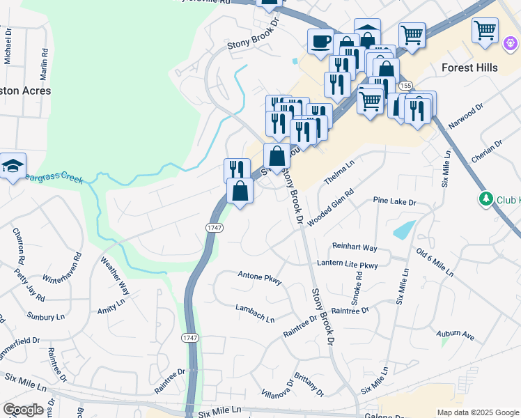 map of restaurants, bars, coffee shops, grocery stores, and more near 8609 Wooded Glen Road in Louisville