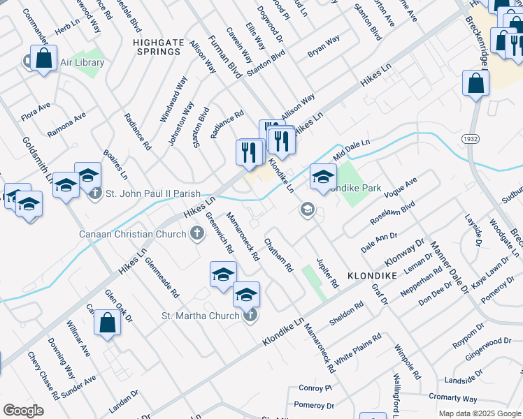 map of restaurants, bars, coffee shops, grocery stores, and more near 2920 Brinkey Way in Louisville
