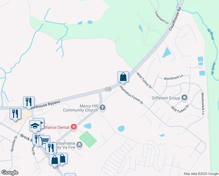 map of restaurants, bars, coffee shops, grocery stores, and more near Virginia 208 in Fredericksburg