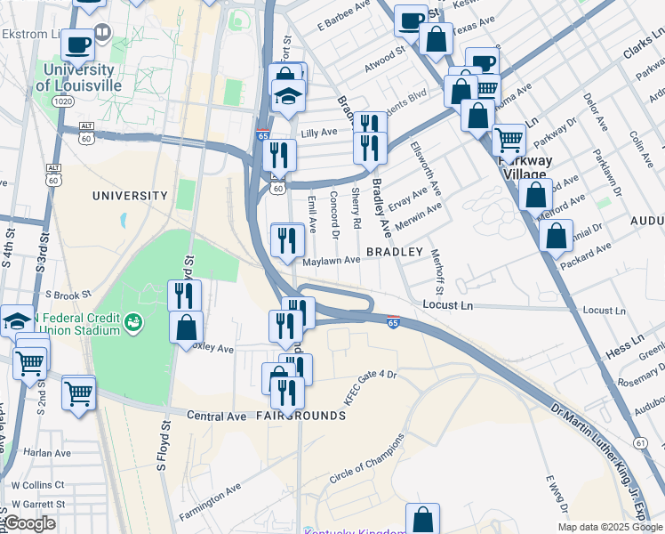map of restaurants, bars, coffee shops, grocery stores, and more near 2510 Concord Drive in Louisville