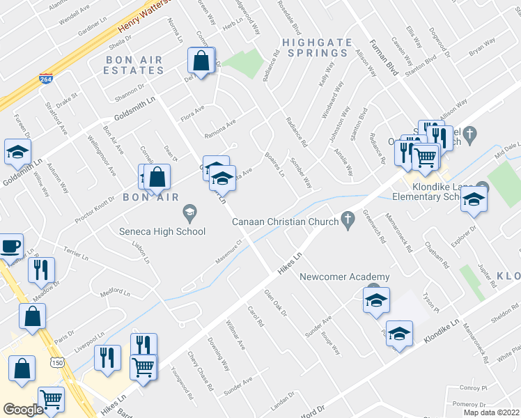 map of restaurants, bars, coffee shops, grocery stores, and more near 3521 Goldsmith Lane in Louisville
