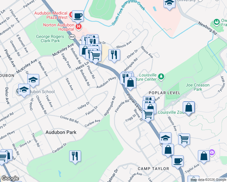 map of restaurants, bars, coffee shops, grocery stores, and more near 1433 Nightingale Road in Louisville