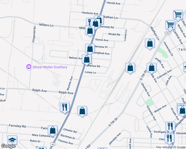 map of restaurants, bars, coffee shops, grocery stores, and more near 1722 Loney Lane in Louisville