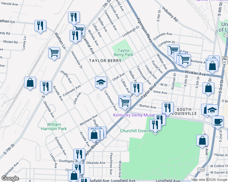 map of restaurants, bars, coffee shops, grocery stores, and more near 1224 Central Avenue in Louisville