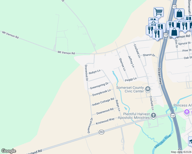map of restaurants, bars, coffee shops, grocery stores, and more near 30030 Greenspring Drive in Princess Anne