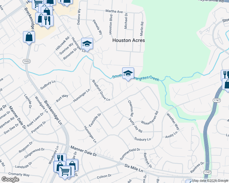 map of restaurants, bars, coffee shops, grocery stores, and more near 3004 Bradford Grove Lane in Louisville