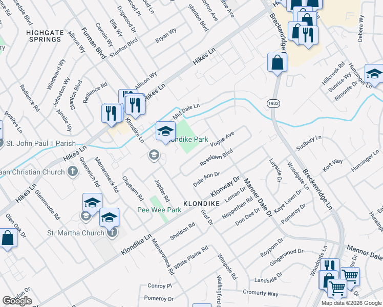 map of restaurants, bars, coffee shops, grocery stores, and more near 3016 Vogue Avenue in Louisville