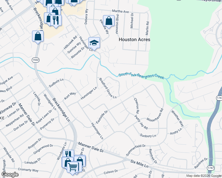 map of restaurants, bars, coffee shops, grocery stores, and more near 7500 Eric Edward Way in Louisville