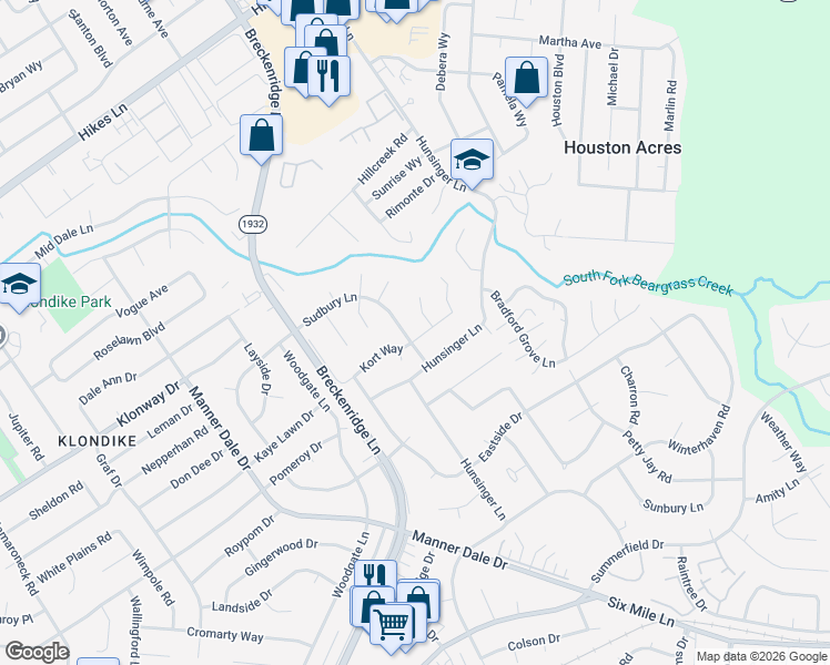 map of restaurants, bars, coffee shops, grocery stores, and more near 3705 Sudbury Lane in Louisville