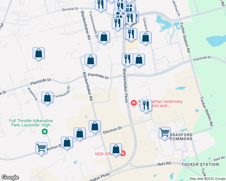 map of restaurants, bars, coffee shops, grocery stores, and more near 2515 Shining Water Drive in Louisville