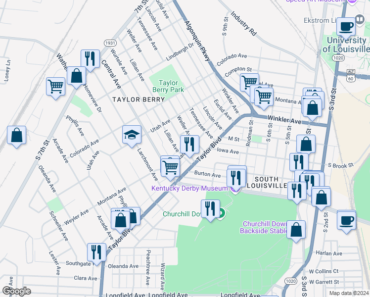 map of restaurants, bars, coffee shops, grocery stores, and more near 3006 Montana Avenue in Louisville