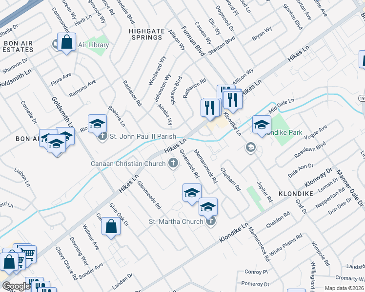map of restaurants, bars, coffee shops, grocery stores, and more near 2850 Hikes Lane in Louisville