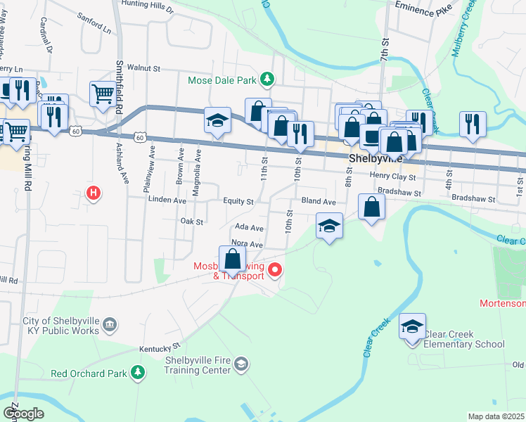 map of restaurants, bars, coffee shops, grocery stores, and more near 169 Kentucky Street in Shelbyville