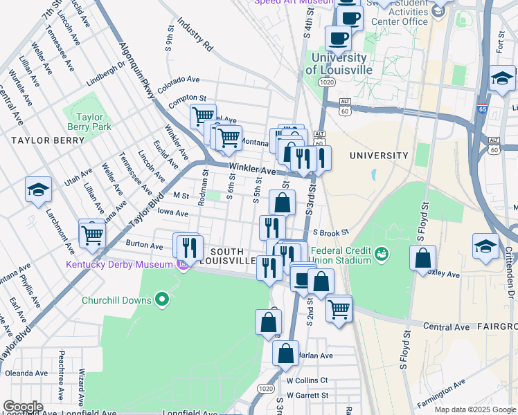 map of restaurants, bars, coffee shops, grocery stores, and more near 2813 South 5th Street in Louisville