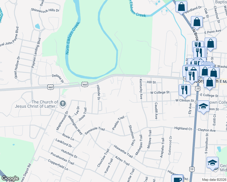 map of restaurants, bars, coffee shops, grocery stores, and more near 130 Elizabeth Street in Georgetown