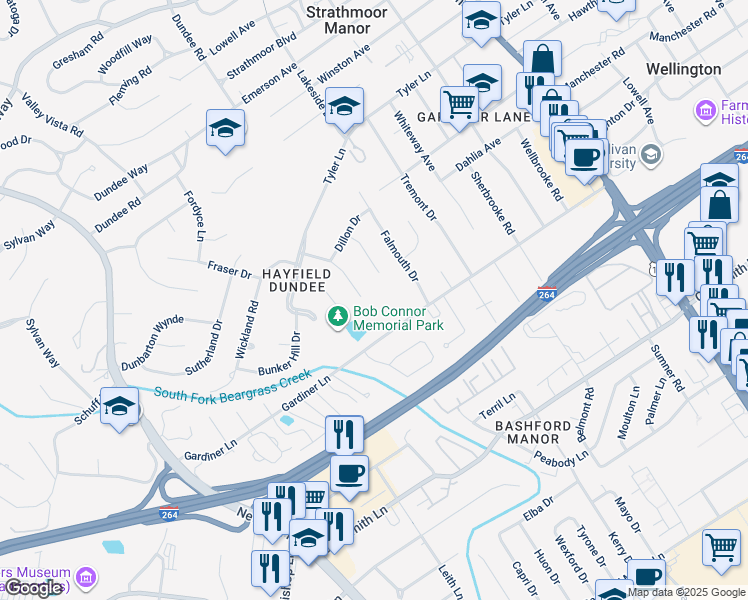 map of restaurants, bars, coffee shops, grocery stores, and more near 1825 Gardiner Lane in Louisville