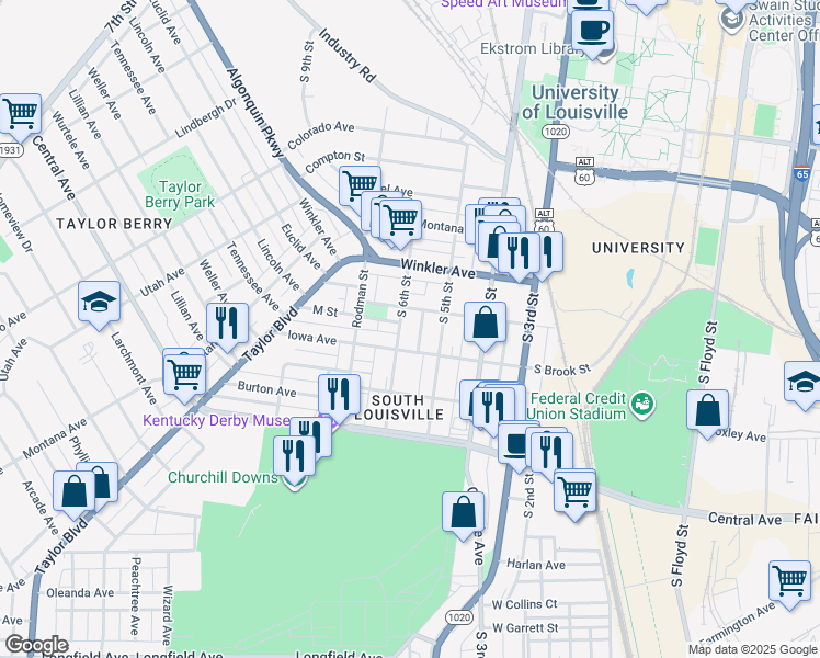 map of restaurants, bars, coffee shops, grocery stores, and more near 2900 South 6th Street in Louisville
