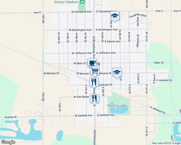 map of restaurants, bars, coffee shops, grocery stores, and more near South 7th Street in Sterling
