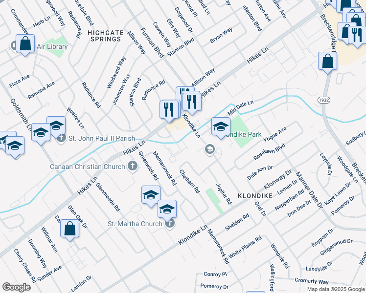 map of restaurants, bars, coffee shops, grocery stores, and more near 2920 Brinkey Way in Louisville