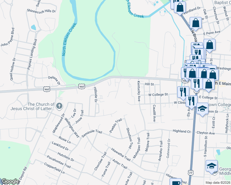 map of restaurants, bars, coffee shops, grocery stores, and more near 117-123 Simbas Path in Georgetown