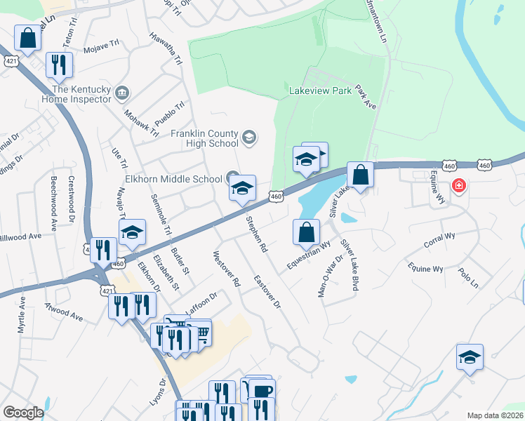 map of restaurants, bars, coffee shops, grocery stores, and more near 410 Brook Court in Frankfort