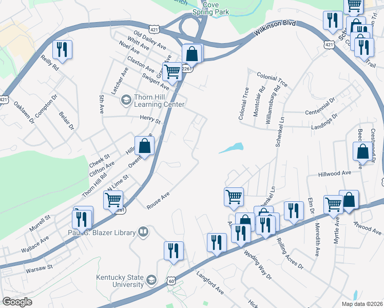 map of restaurants, bars, coffee shops, grocery stores, and more near Rouse Avenue in Frankfort