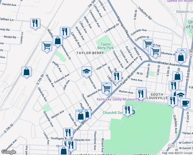 map of restaurants, bars, coffee shops, grocery stores, and more near 1228 Central Avenue in Louisville