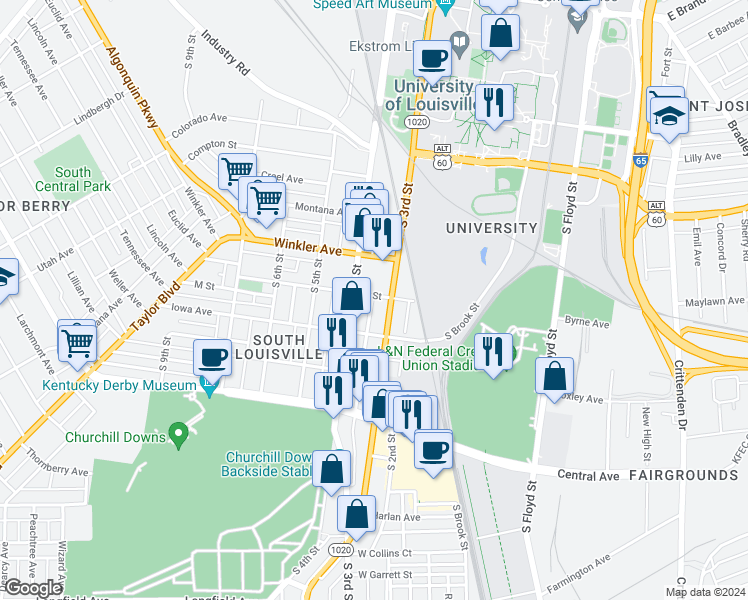 map of restaurants, bars, coffee shops, grocery stores, and more near 314 M Street in Louisville