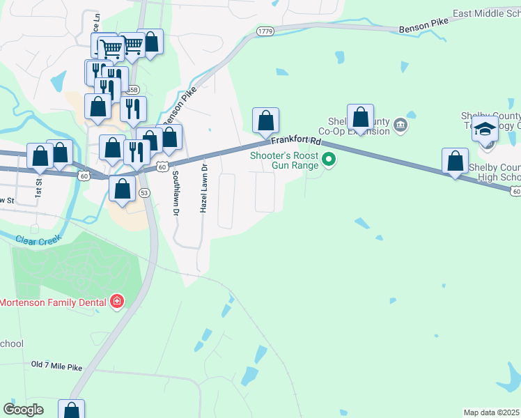 map of restaurants, bars, coffee shops, grocery stores, and more near 251 Webbmont Circle in Shelbyville