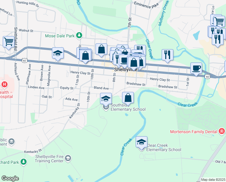 map of restaurants, bars, coffee shops, grocery stores, and more near 800 8th Street in Shelbyville