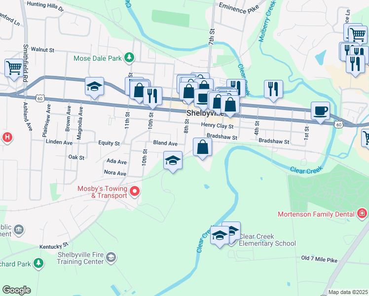 map of restaurants, bars, coffee shops, grocery stores, and more near 800 8th Street in Shelbyville
