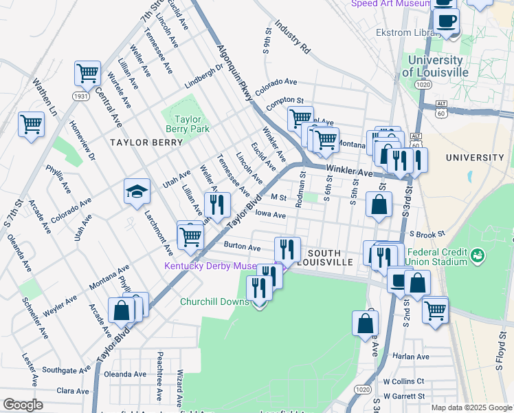 map of restaurants, bars, coffee shops, grocery stores, and more near 2816 Taylor Boulevard in Louisville
