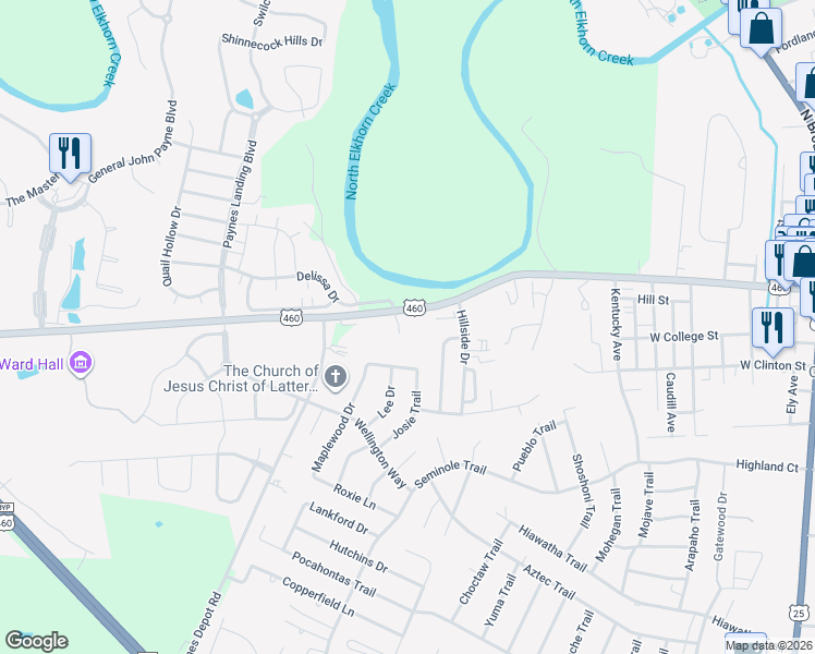 map of restaurants, bars, coffee shops, grocery stores, and more near 1100 West Main Street in Georgetown