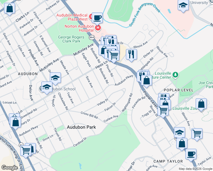 map of restaurants, bars, coffee shops, grocery stores, and more near 3122 Bobolink Road in Louisville