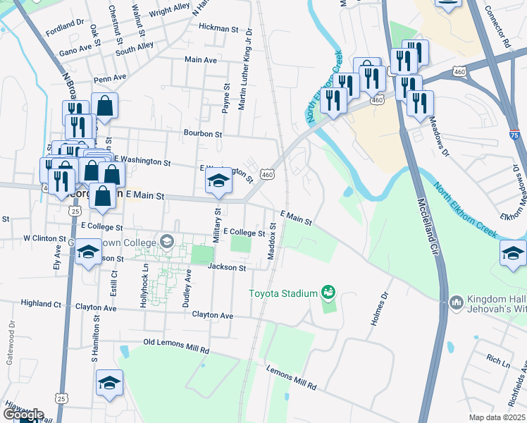 map of restaurants, bars, coffee shops, grocery stores, and more near 701 East Main Street in Georgetown