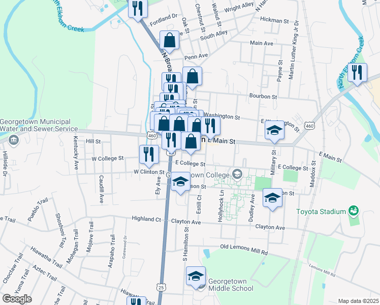 map of restaurants, bars, coffee shops, grocery stores, and more near 200 East Main Street in Georgetown
