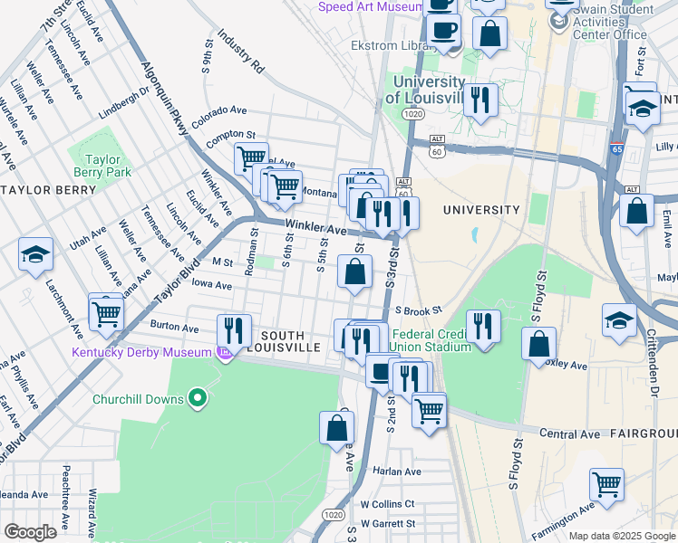 map of restaurants, bars, coffee shops, grocery stores, and more near 413 M Street in Louisville