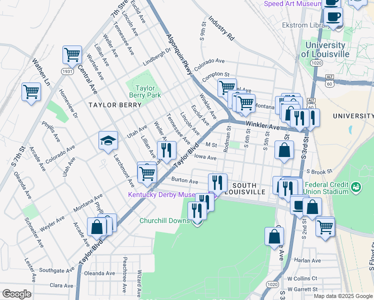 map of restaurants, bars, coffee shops, grocery stores, and more near 2816 Taylor Boulevard in Louisville