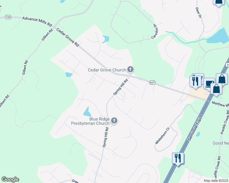 map of restaurants, bars, coffee shops, grocery stores, and more near 6807 Spring Hill Road in Ruckersville