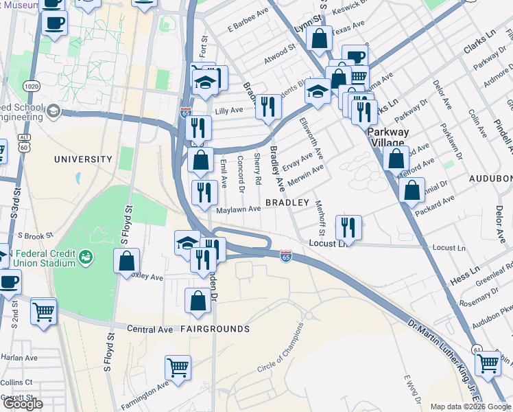 map of restaurants, bars, coffee shops, grocery stores, and more near 2435 Sherry Road in Louisville