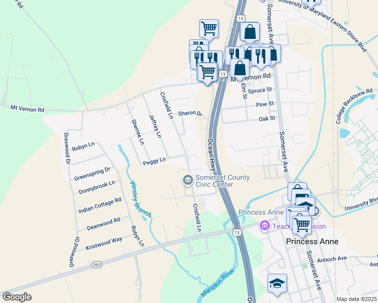 map of restaurants, bars, coffee shops, grocery stores, and more near 11931 Crisfield Lane in Princess Anne