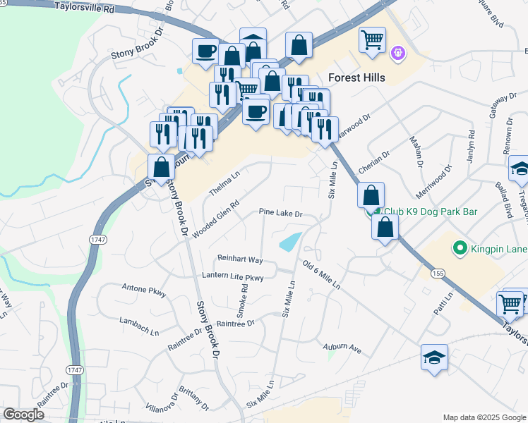 map of restaurants, bars, coffee shops, grocery stores, and more near Pine Lake Drive in Louisville