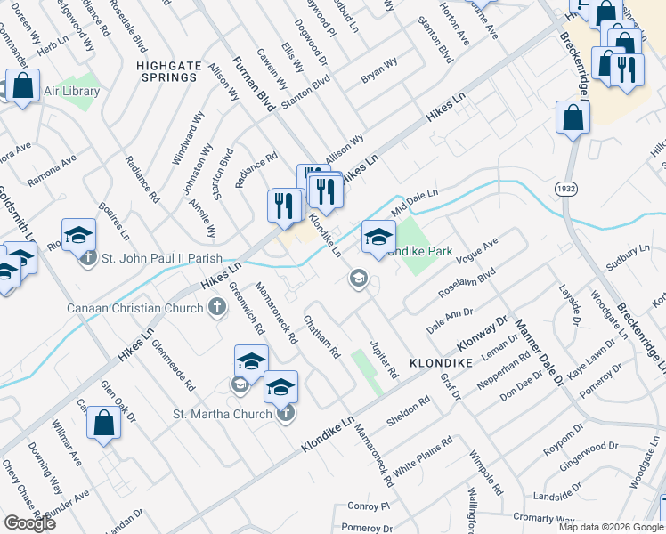 map of restaurants, bars, coffee shops, grocery stores, and more near 3704 Klondike Lane in Louisville