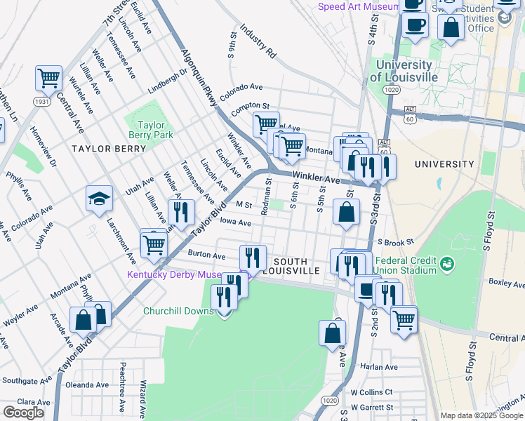 map of restaurants, bars, coffee shops, grocery stores, and more near 2730 Rodman Street in Louisville
