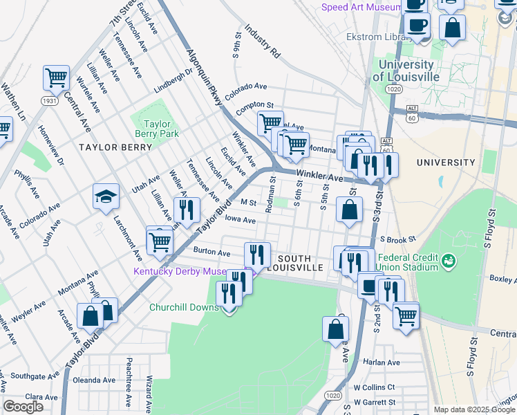 map of restaurants, bars, coffee shops, grocery stores, and more near 710 M Street in Louisville