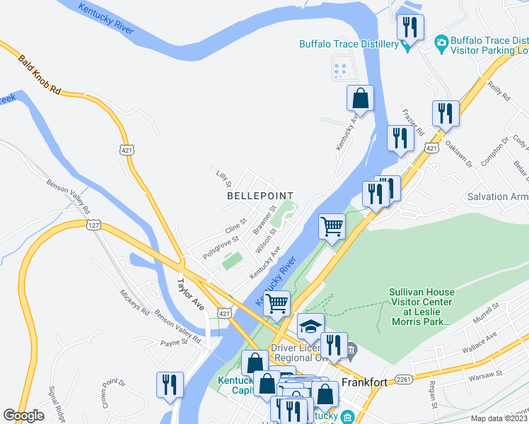 map of restaurants, bars, coffee shops, grocery stores, and more near 810 Brawner Street in Frankfort