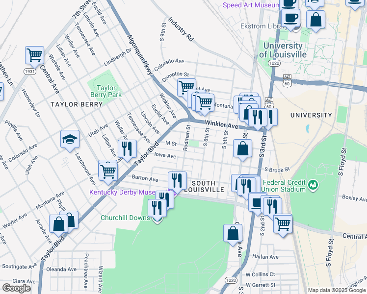 map of restaurants, bars, coffee shops, grocery stores, and more near 700 M Street in Louisville