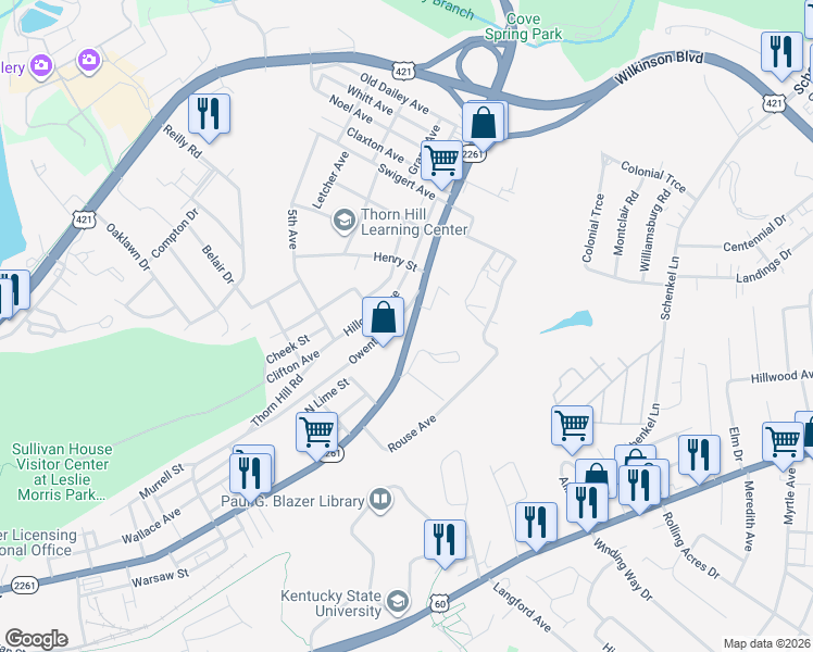 map of restaurants, bars, coffee shops, grocery stores, and more near 752 Owenton Avenue in Frankfort