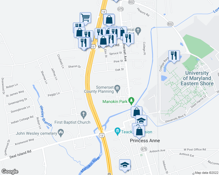 map of restaurants, bars, coffee shops, grocery stores, and more near Washington High School Back Road in Princess Anne