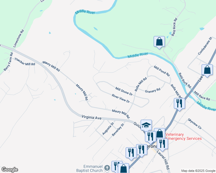 map of restaurants, bars, coffee shops, grocery stores, and more near 148 Mill Stone Drive in Verona